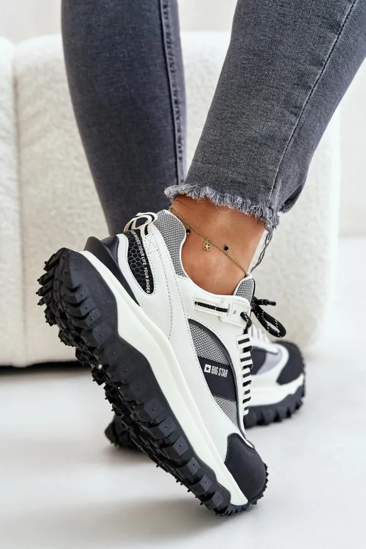 Damskie Big Star Shoes Skórzane Sneakersy Damskie Na Platformie Big Star OO274A220 HI-POLY SYSTEM Biało-Czarne