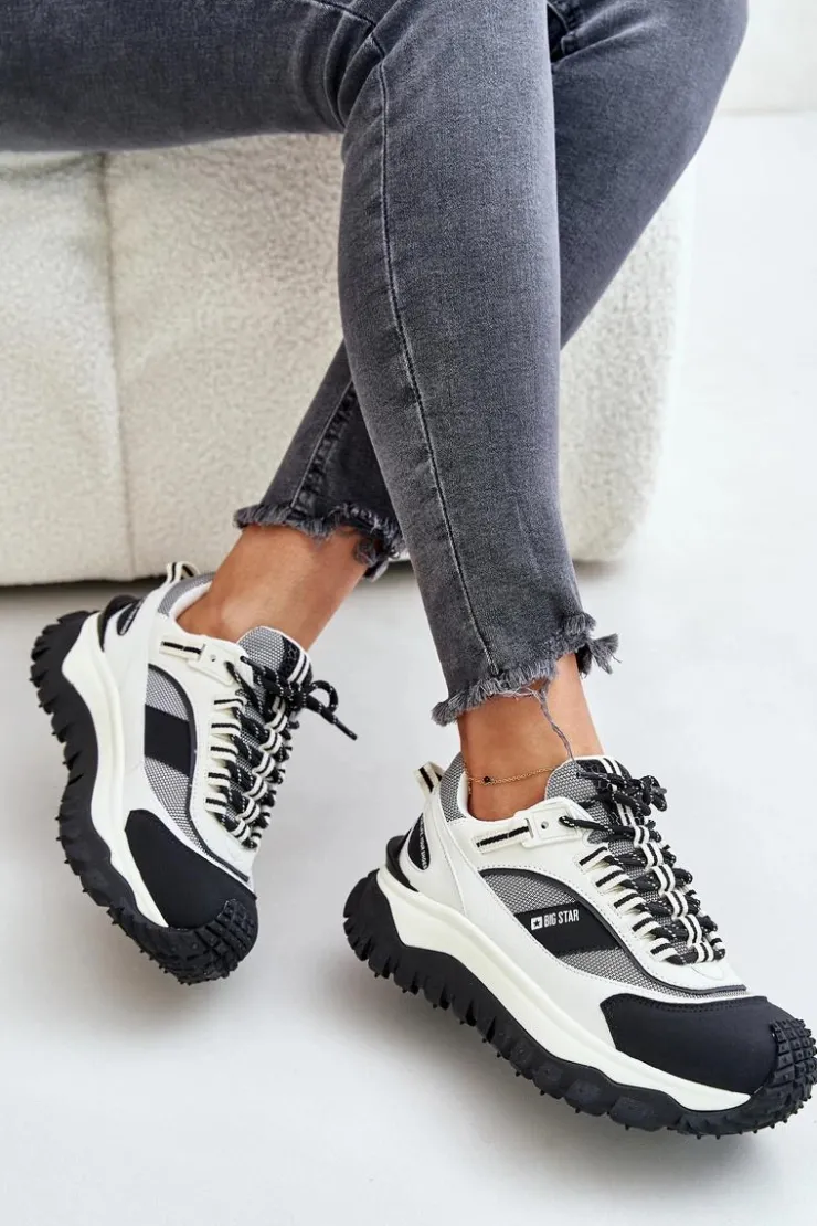 Damskie Big Star Shoes Skórzane Sneakersy Damskie Na Platformie Big Star OO274A220 HI-POLY SYSTEM Biało-Czarne