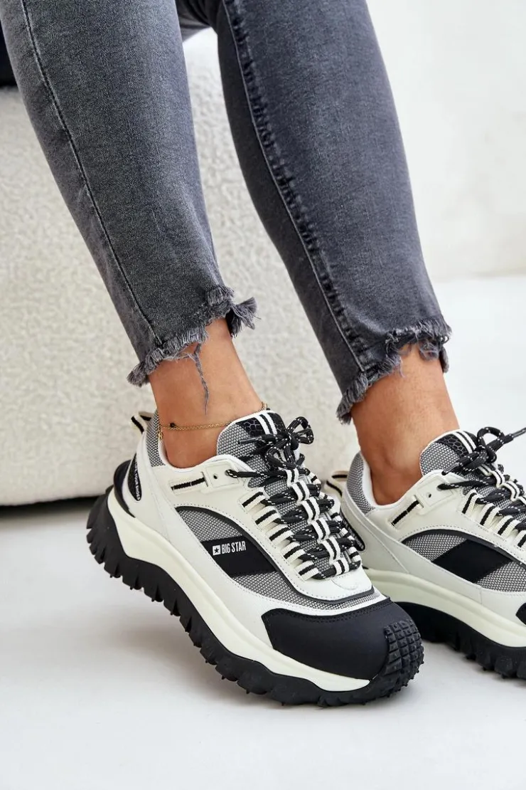 Damskie Big Star Shoes Skórzane Sneakersy Damskie Na Platformie Big Star OO274A220 HI-POLY SYSTEM Biało-Czarne