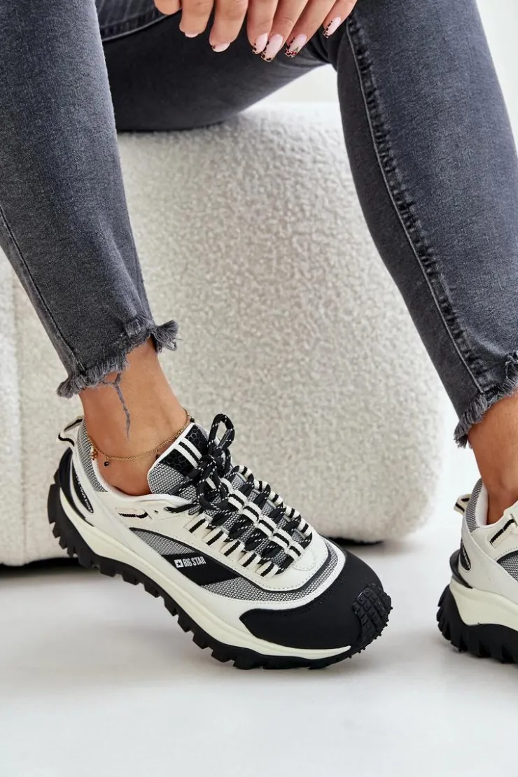 Damskie Big Star Shoes Skórzane Sneakersy Damskie Na Platformie Big Star OO274A220 HI-POLY SYSTEM Biało-Czarne