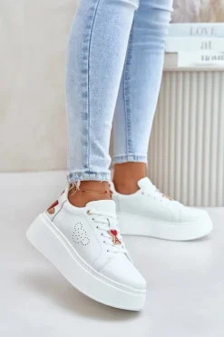 New Buty damskie Vinceza Skórzane Sneakersy Damskie Na Platformie Z Przypinką I Ozdobnym Kwiatem 89100 Białe