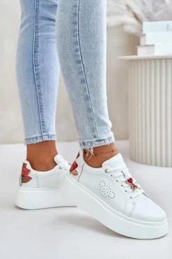 New Buty damskie Vinceza Skórzane Sneakersy Damskie Na Platformie Z Przypinką I Ozdobnym Kwiatem 89100 Białe