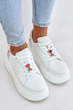 New Buty damskie Vinceza Skórzane Sneakersy Damskie Na Platformie Z Przypinką I Ozdobnym Kwiatem 89100 Białe