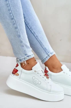 New Buty damskie Vinceza Skórzane Sneakersy Damskie Na Platformie Z Przypinką I Ozdobnym Kwiatem 89100 Białe