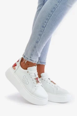 New Buty damskie Vinceza Skórzane Sneakersy Damskie Na Platformie Z Przypinką I Ozdobnym Kwiatem 89100 Białe