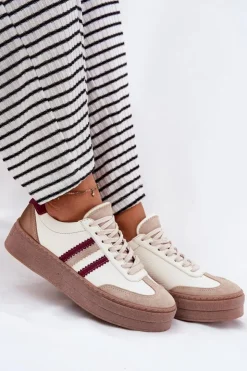 Damskie Zazoo Skórzane Sneakersy Damskie Na Platformie N1234 Beżowo-Bordowe