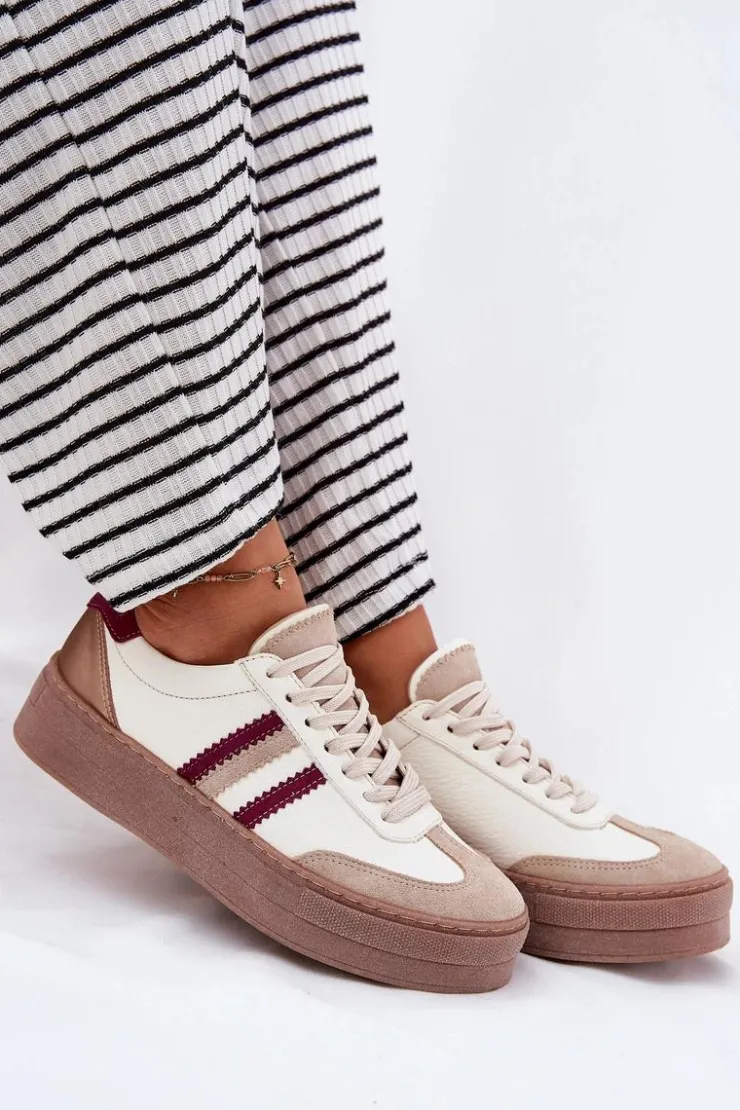 Damskie Zazoo Skórzane Sneakersy Damskie Na Platformie N1234 Beżowo-Bordowe