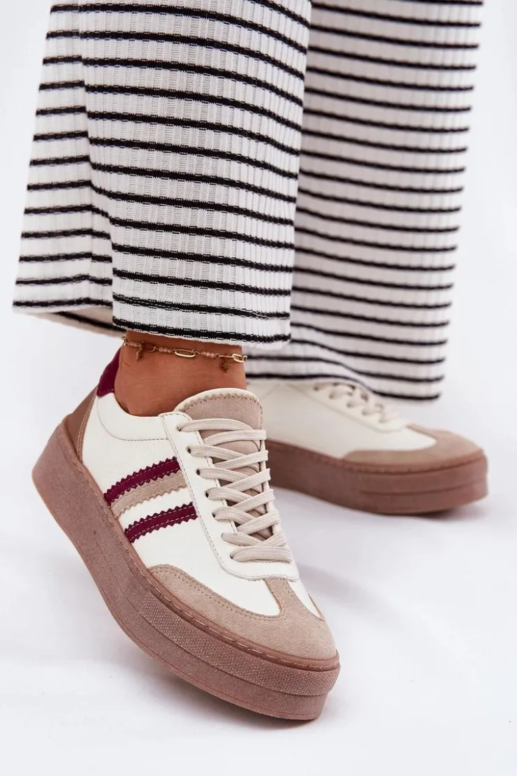Damskie Zazoo Skórzane Sneakersy Damskie Na Platformie N1234 Beżowo-Bordowe
