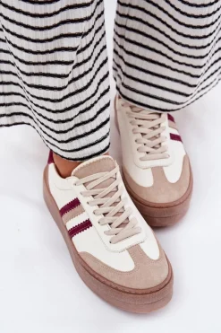 Damskie Zazoo Skórzane Sneakersy Damskie Na Platformie N1234 Beżowo-Bordowe