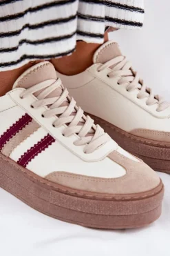 Damskie Zazoo Skórzane Sneakersy Damskie Na Platformie N1234 Beżowo-Bordowe
