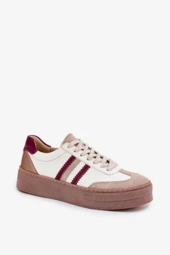 Damskie Zazoo Skórzane Sneakersy Damskie Na Platformie N1234 Beżowo-Bordowe