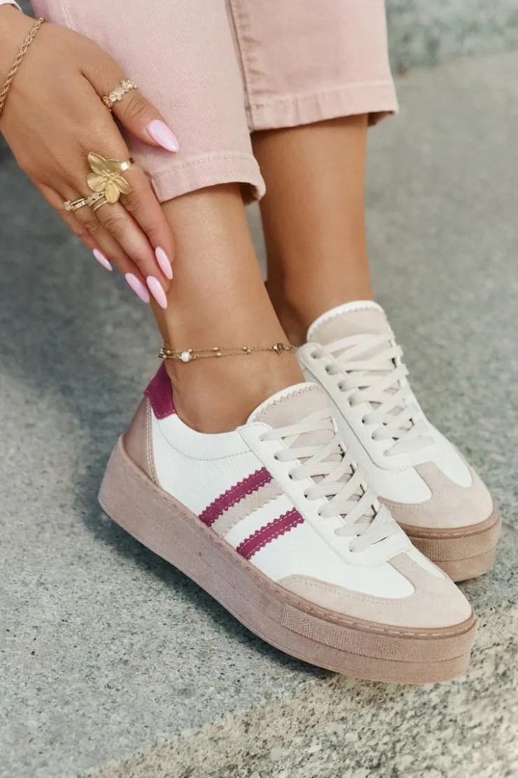 Damskie Zazoo Skórzane Sneakersy Damskie Na Platformie N1234 Beżowo-Bordowe