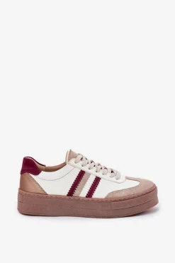 Damskie Zazoo Skórzane Sneakersy Damskie Na Platformie N1234 Beżowo-Bordowe