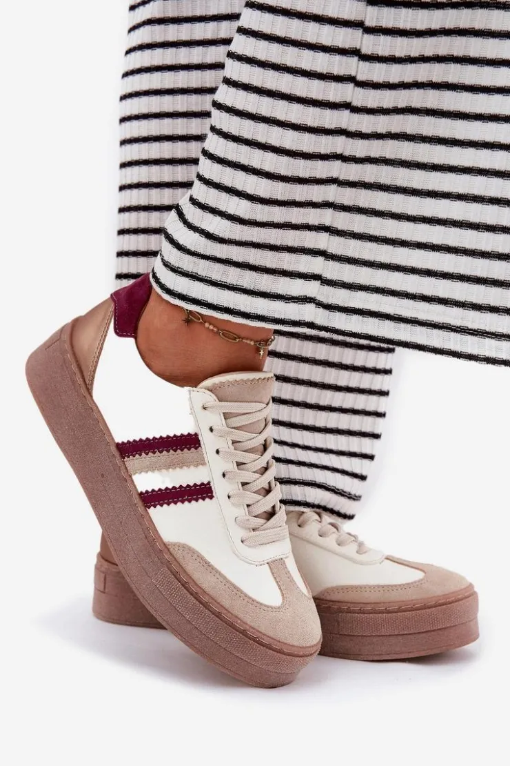 Damskie Zazoo Skórzane Sneakersy Damskie Na Platformie N1234 Beżowo-Bordowe