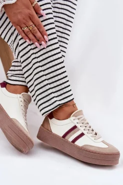 Damskie Zazoo Skórzane Sneakersy Damskie Na Platformie N1234 Beżowo-Bordowe