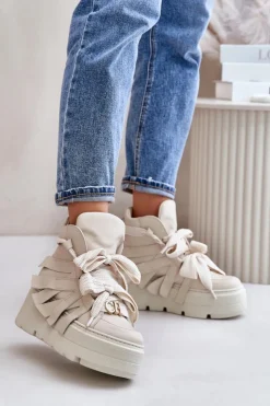 Hot CheBello Skórzane Sneakersy Damskie Na Masywnej Platformie 4561 Beżowe Beżowy