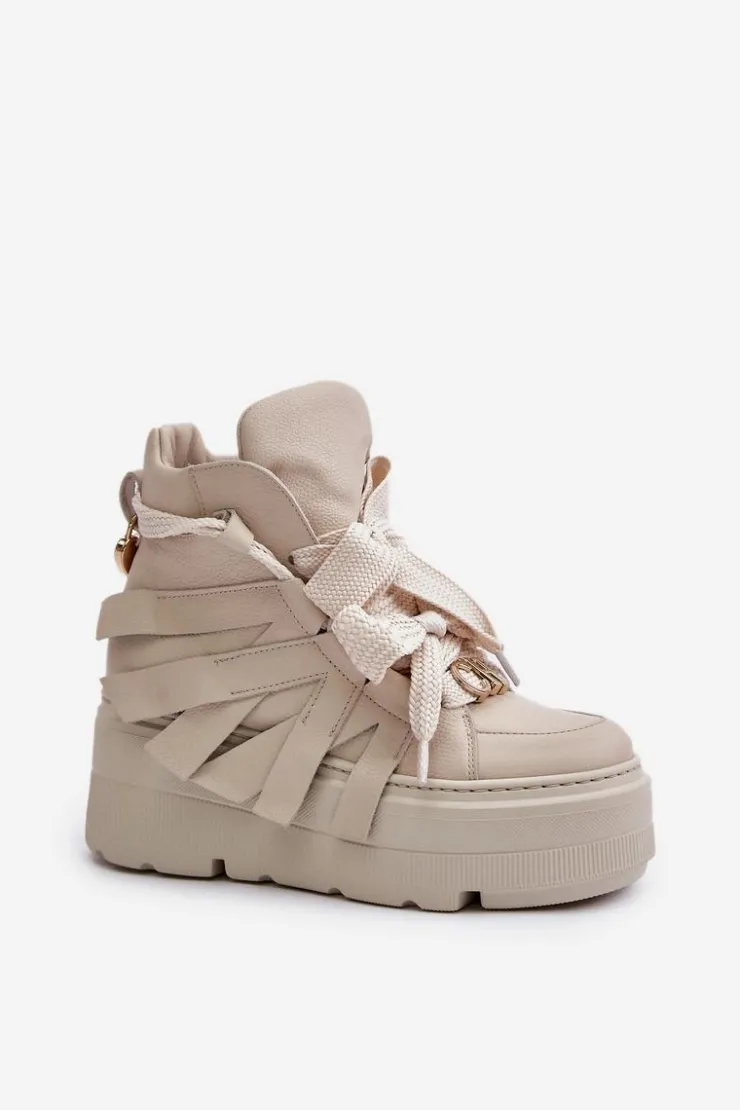 Hot CheBello Skórzane Sneakersy Damskie Na Masywnej Platformie 4561 Beżowe Beżowy