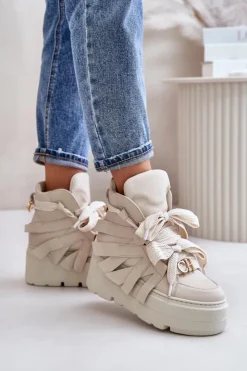 Hot CheBello Skórzane Sneakersy Damskie Na Masywnej Platformie 4561 Beżowe Beżowy