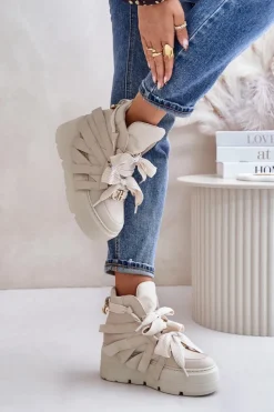 Hot CheBello Skórzane Sneakersy Damskie Na Masywnej Platformie 4561 Beżowe Beżowy