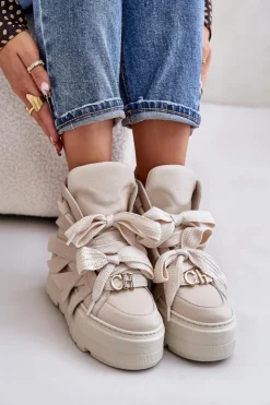 Hot CheBello Skórzane Sneakersy Damskie Na Masywnej Platformie 4561 Beżowe Beżowy