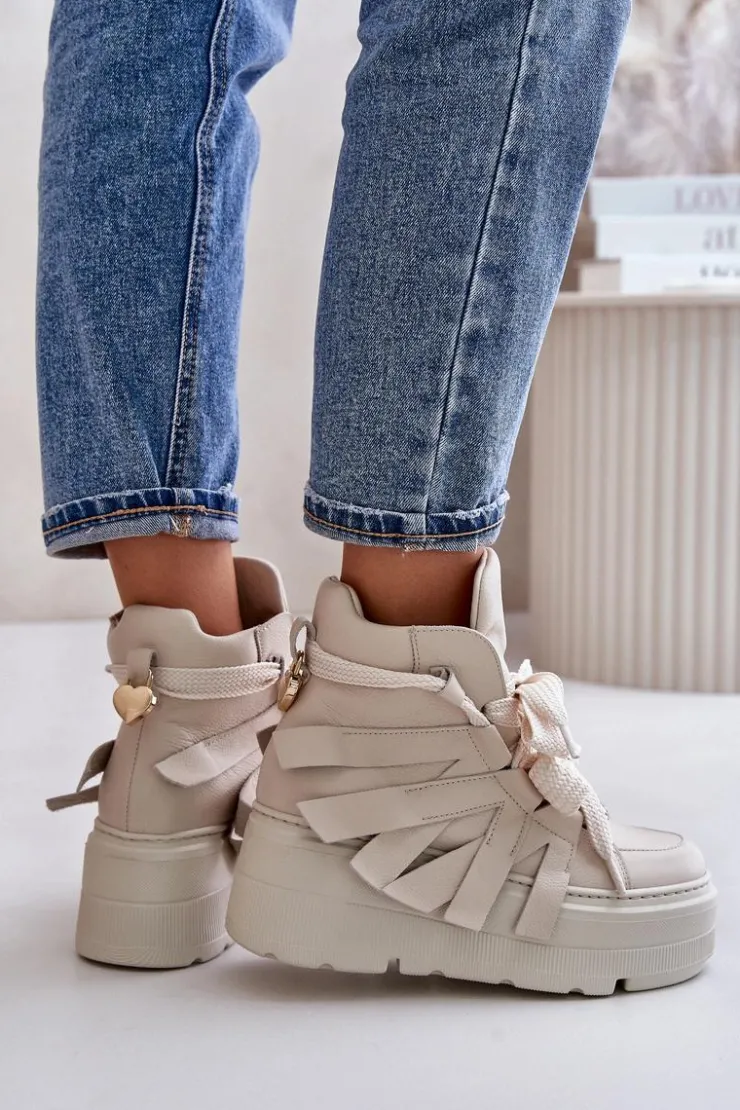 Hot CheBello Skórzane Sneakersy Damskie Na Masywnej Platformie 4561 Beżowe Beżowy