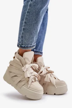 Hot CheBello Skórzane Sneakersy Damskie Na Masywnej Platformie 4561 Beżowe Beżowy