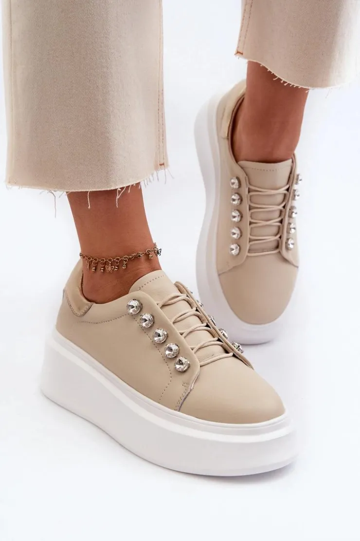 Damskie buty S.Barski Sneakersy Damskie*Skórzane Sneakersy Damskie Na Masywnej Platformie Beżowe S.Barski LR628