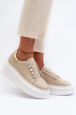 Damskie buty S.Barski Sneakersy Damskie*Skórzane Sneakersy Damskie Na Masywnej Platformie Beżowe S.Barski LR628