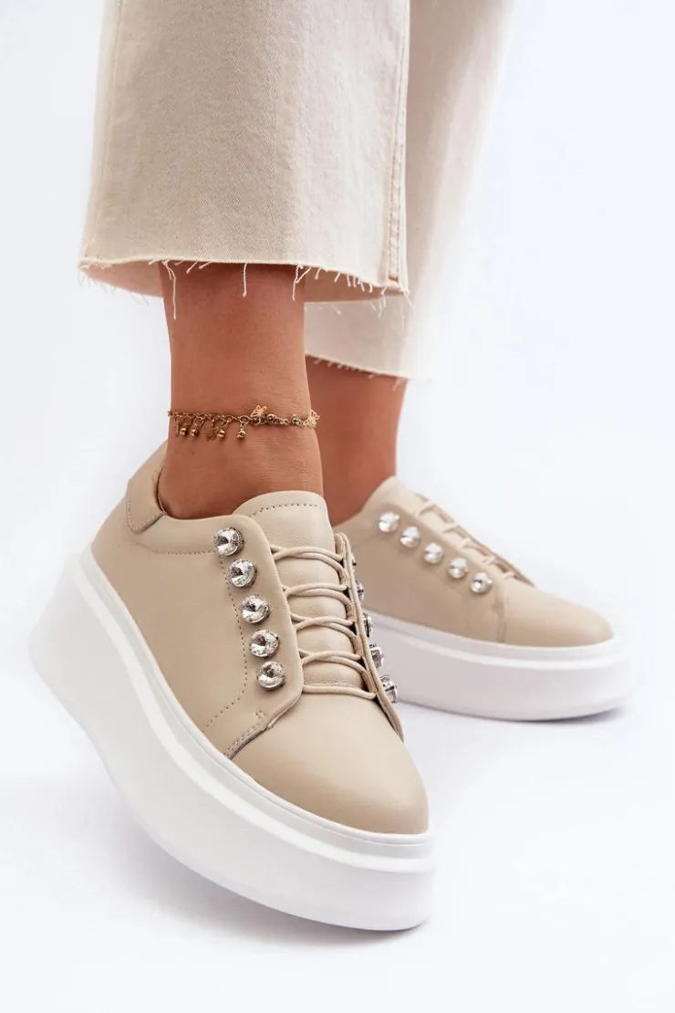 Damskie buty S.Barski Sneakersy Damskie*Skórzane Sneakersy Damskie Na Masywnej Platformie Beżowe S.Barski LR628