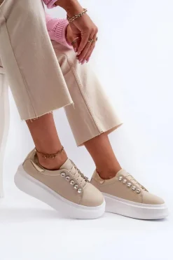 Damskie buty S.Barski Sneakersy Damskie*Skórzane Sneakersy Damskie Na Masywnej Platformie Beżowe S.Barski LR628