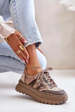 Damskie Maciejka Skórzane Sneakersy Damskie Na Platformie 06562-10 Ciemnobeżowe