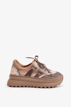 Damskie Maciejka Skórzane Sneakersy Damskie Na Platformie 06562-10 Ciemnobeżowe