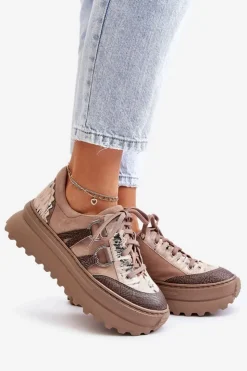 Damskie Maciejka Skórzane Sneakersy Damskie Na Platformie 06562-10 Ciemnobeżowe