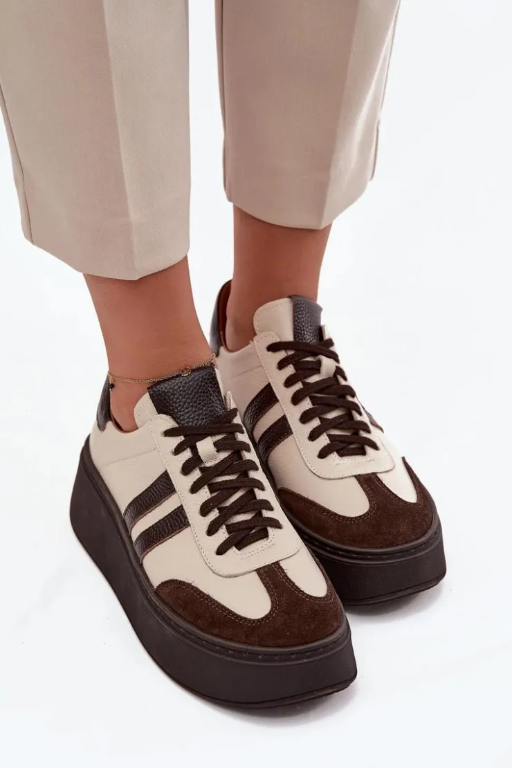 Damskie Zazoo Skórzane Sneakersy Damskie Na Platformie 3775 Beżowo-Czekoladowe