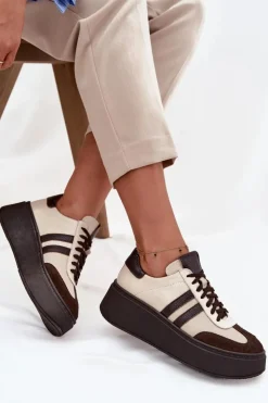 Damskie Zazoo Skórzane Sneakersy Damskie Na Platformie 3775 Beżowo-Czekoladowe