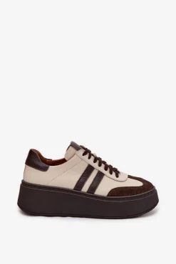 Damskie Zazoo Skórzane Sneakersy Damskie Na Platformie 3775 Beżowo-Czekoladowe