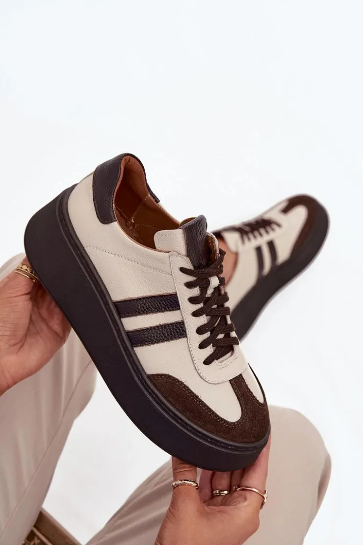 Damskie Zazoo Skórzane Sneakersy Damskie Na Platformie 3775 Beżowo-Czekoladowe
