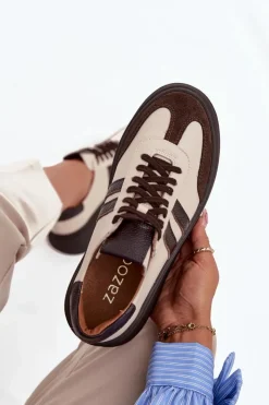 Damskie Zazoo Skórzane Sneakersy Damskie Na Platformie 3775 Beżowo-Czekoladowe