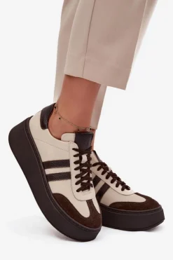 Damskie Zazoo Skórzane Sneakersy Damskie Na Platformie 3775 Beżowo-Czekoladowe