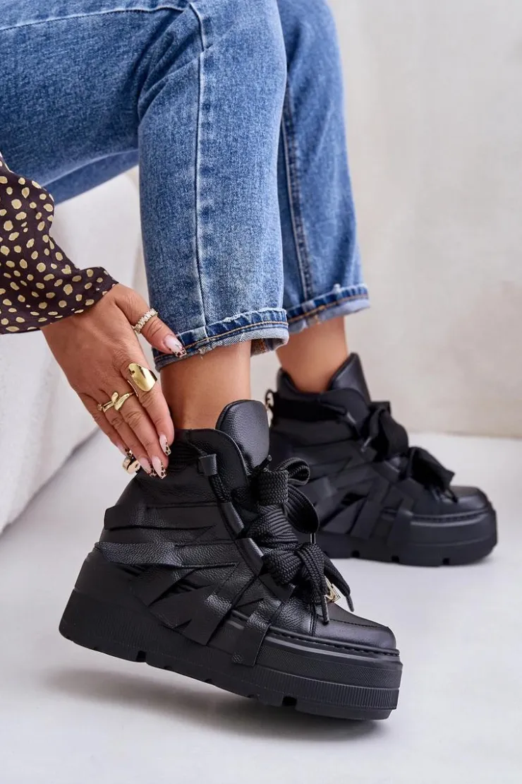 Damskie CheBello Skórzane Sneakersy Damskie Na Masywnej Platformie 4561 Czarne