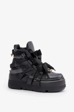 Damskie CheBello Skórzane Sneakersy Damskie Na Masywnej Platformie 4561 Czarne