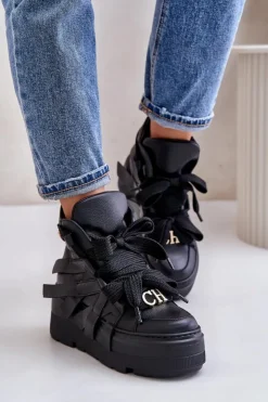 Damskie CheBello Skórzane Sneakersy Damskie Na Masywnej Platformie 4561 Czarne