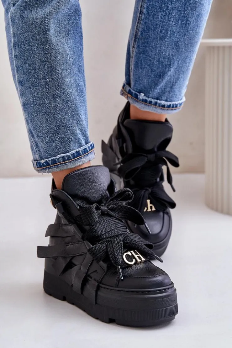 Damskie CheBello Skórzane Sneakersy Damskie Na Masywnej Platformie 4561 Czarne