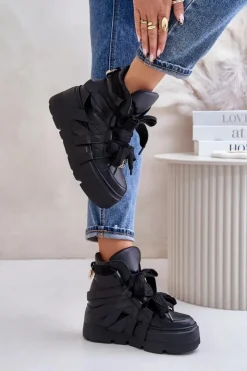 Damskie CheBello Skórzane Sneakersy Damskie Na Masywnej Platformie 4561 Czarne