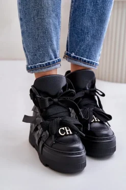 Damskie CheBello Skórzane Sneakersy Damskie Na Masywnej Platformie 4561 Czarne