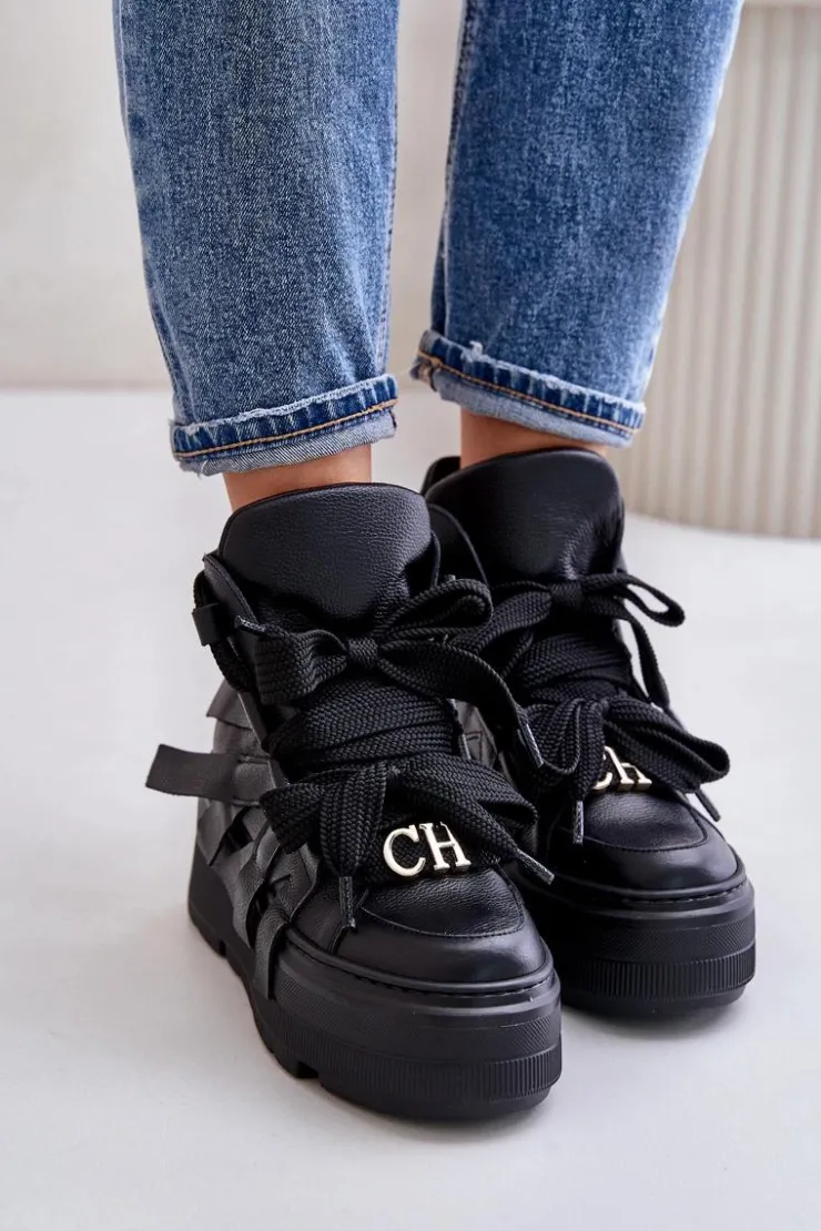 Damskie CheBello Skórzane Sneakersy Damskie Na Masywnej Platformie 4561 Czarne