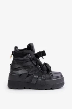 Damskie CheBello Skórzane Sneakersy Damskie Na Masywnej Platformie 4561 Czarne