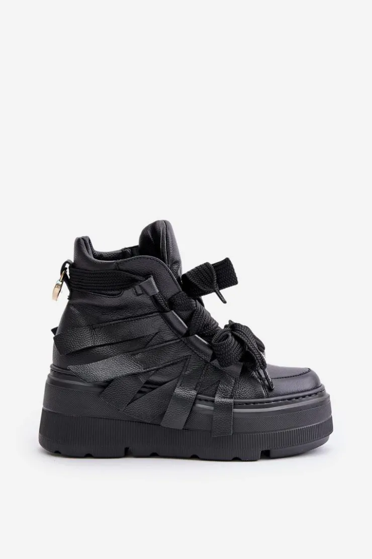 Damskie CheBello Skórzane Sneakersy Damskie Na Masywnej Platformie 4561 Czarne