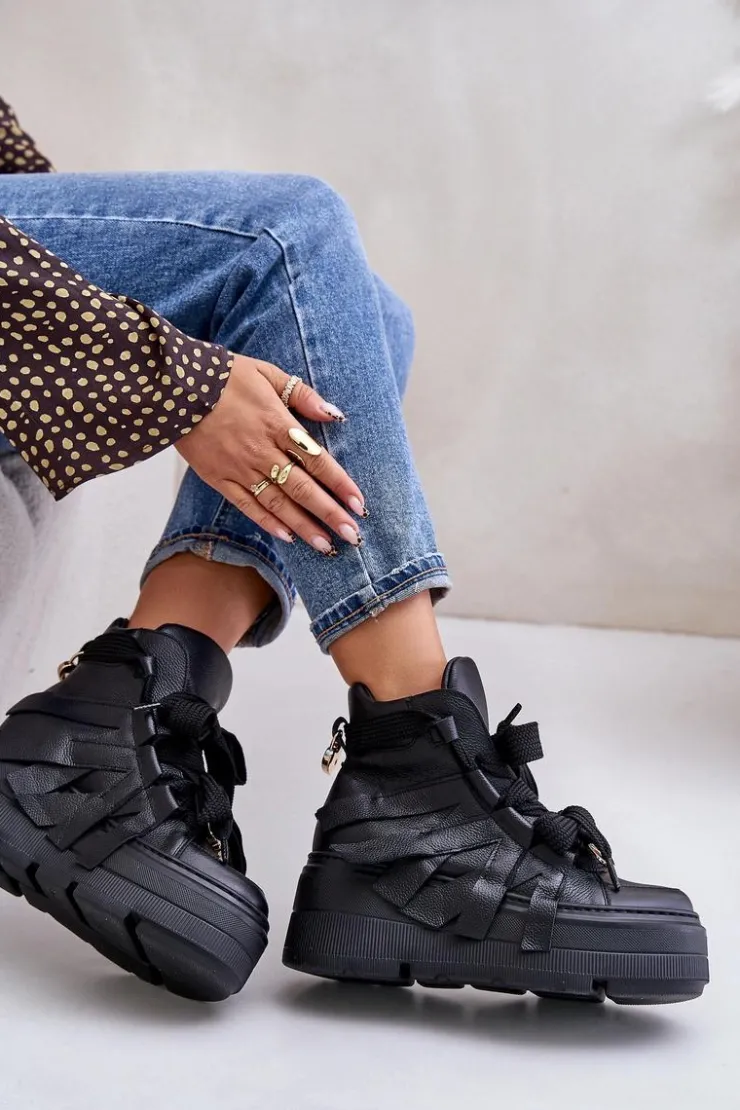 Damskie CheBello Skórzane Sneakersy Damskie Na Masywnej Platformie 4561 Czarne