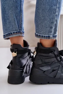 Damskie CheBello Skórzane Sneakersy Damskie Na Masywnej Platformie 4561 Czarne